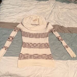 It's Our Time Cream and Gray Striped Cowl Neck Sweater